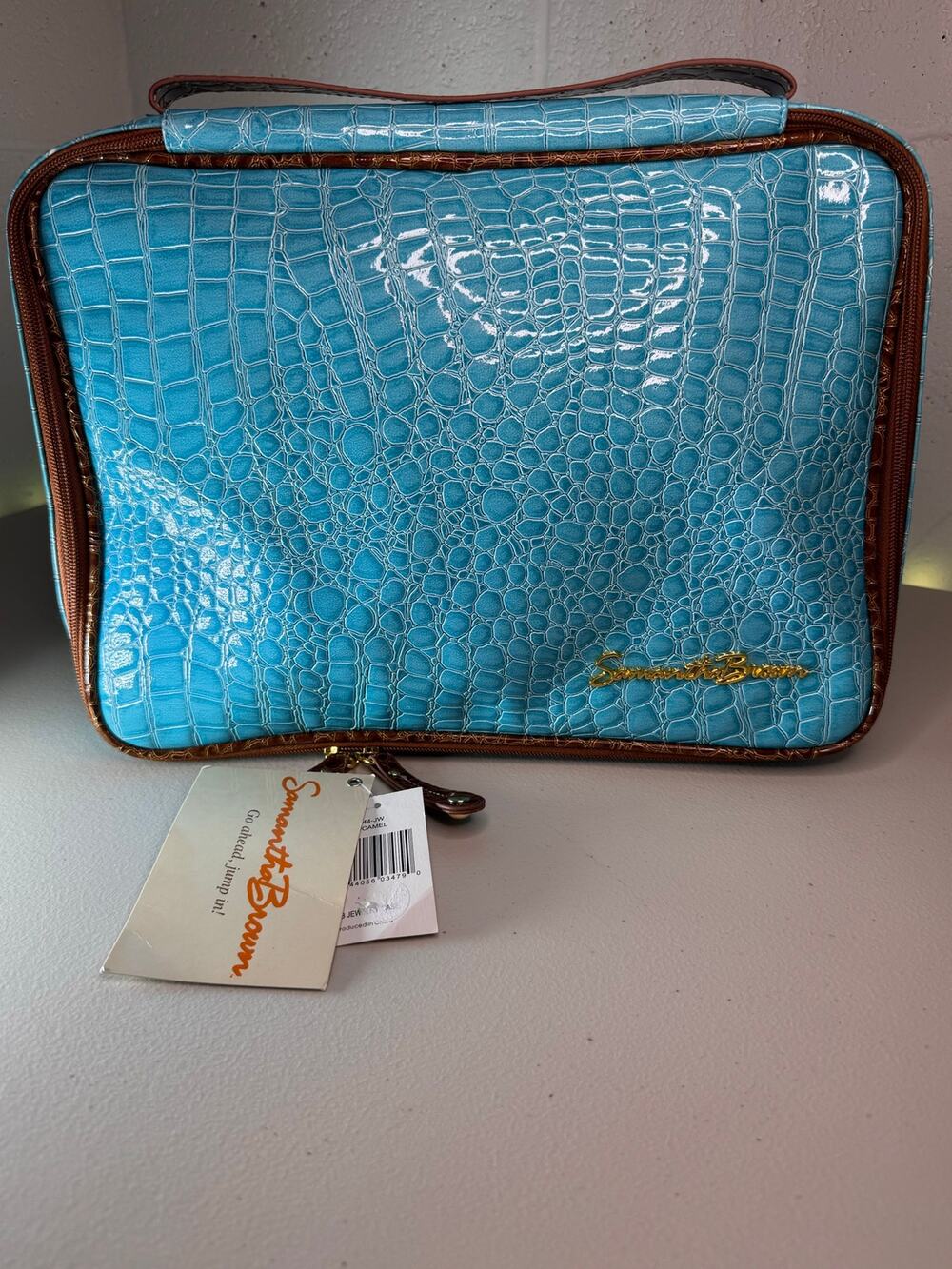samantha brown croco cosmetic travel case aqua camel removable pouches nwt